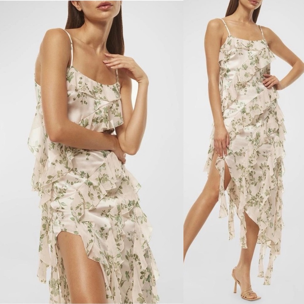 Misa Los Angeles Cream and Green Leaf Maxi Dress